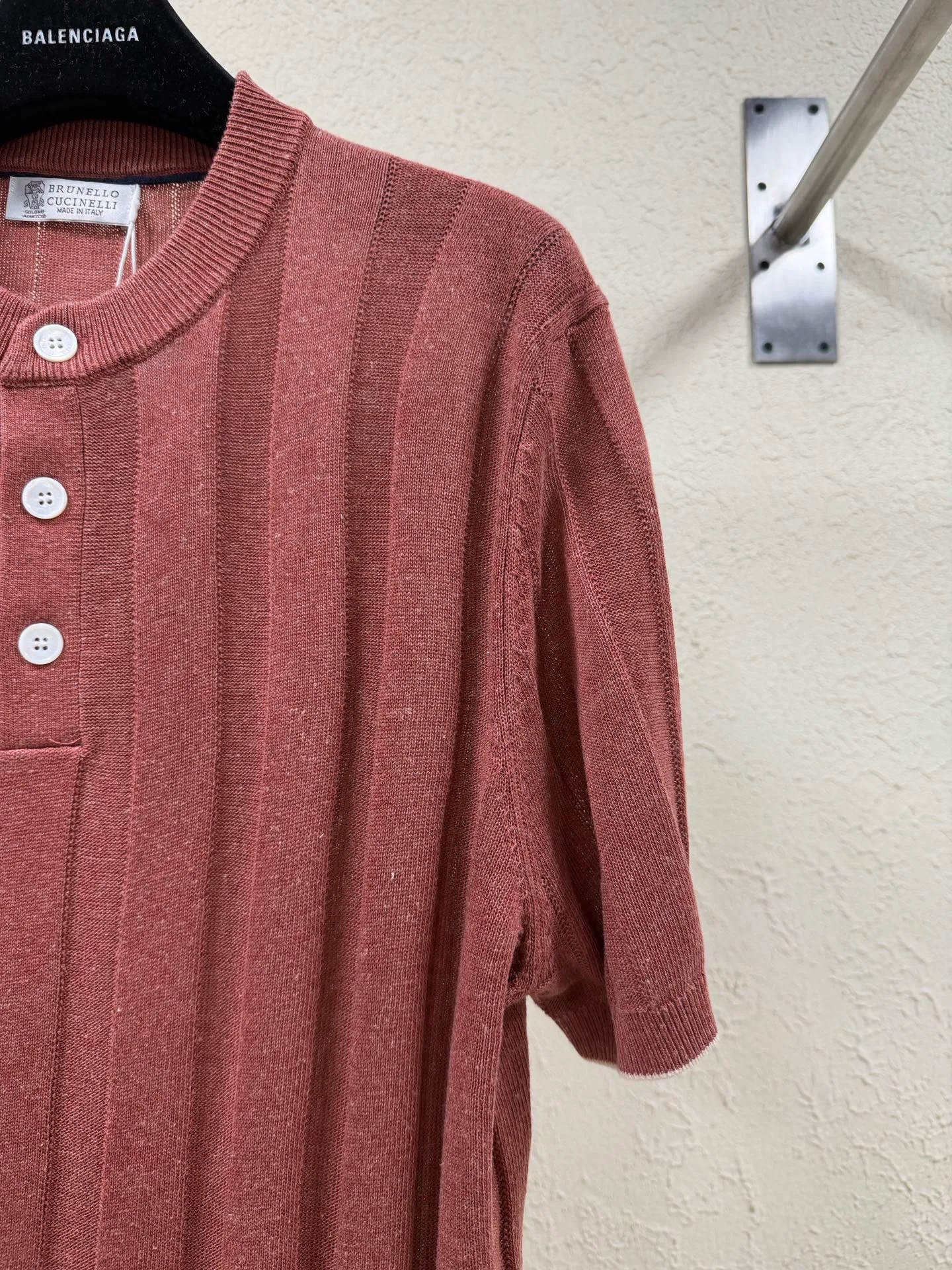 Branello Cuainelli Cotton Linen Blend Ribbed Pit Knit Button Henley Collar Short Sleeve Size: S M L XL